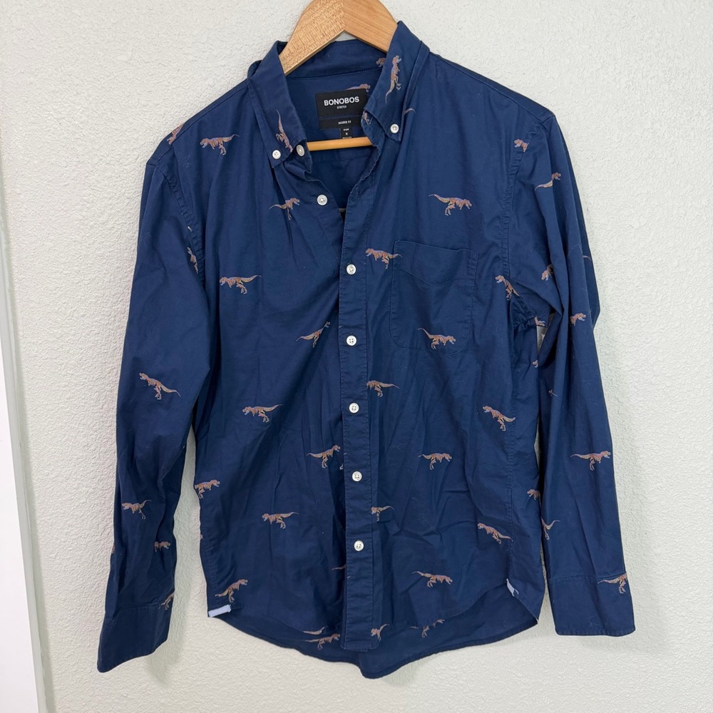 Bonobos Stretch Men's Blue Dinosaur Print Shirt Tailored fit Sz Medium Short